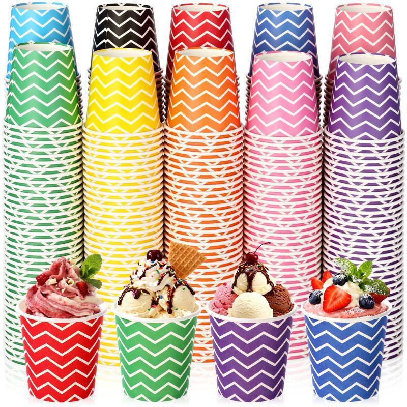 lot 58694 image: 500 Pack 5 oz Ice Cream Cups Disposable Bulk Ice Cream Sundae Bowls Paper Dessert Snack Frozen Yogurt Cups for Hot or Cold Food Wedding Baby Shower Birthday Bar Party Supplies, 10 Colors - Retail $30