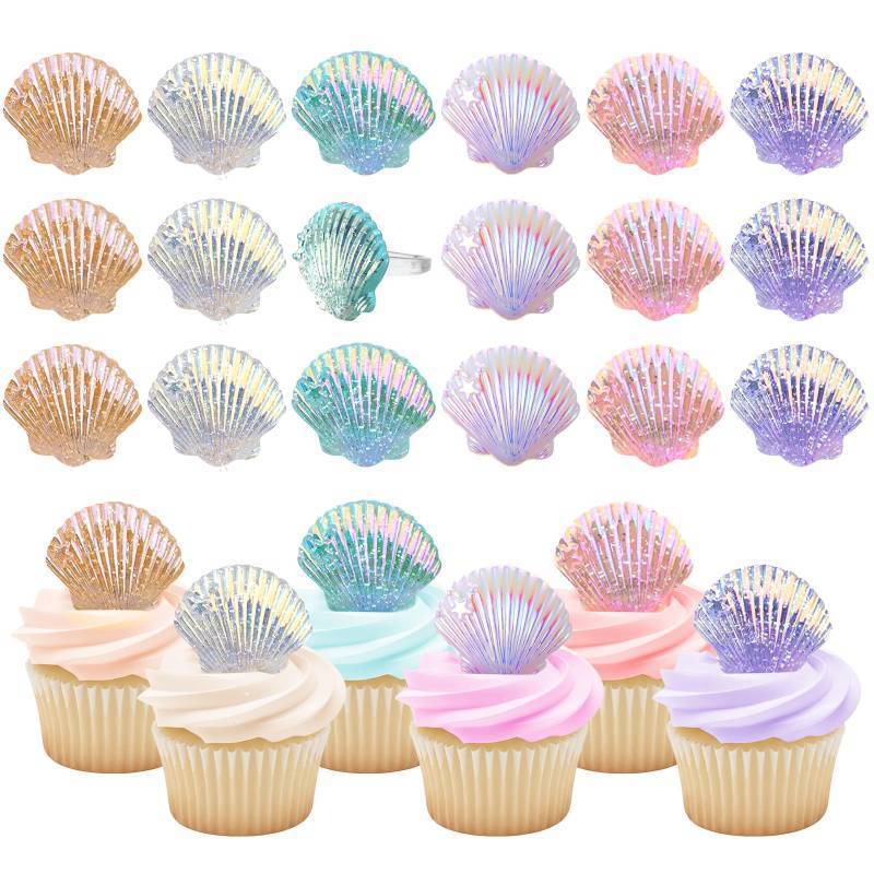 lot 72720 image: 48pcs Resin Seashell Cupcake Ring Toppers Under the Sea Cupcake Topper for seashell Theme Birthday Party Cake Decorations Baby Shower Weeding Anniversary Sea Party Supplies - Retail $14