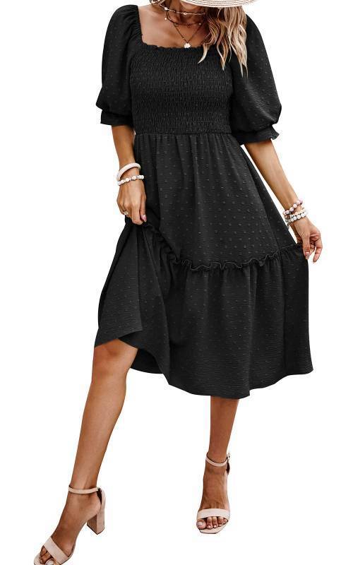 lot 72858 image: Womens Summer Casual Midi Dresses 2026 Puff Sleeve Square Neck A Line Flowy Boho Beach Smocked Dress Spring Vacation Outfits (Black,2XL) - Retail $46