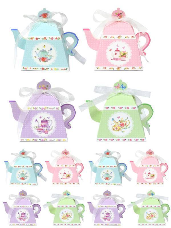 lot 17646 image: 24 Piece Tea Party Favor Boxes, Teapot Shaped Treat Box, Floral Centerpiece Table Decorations Tea Party Candy Box for Birthday, Baby Shower, Wedding, Kids Party Supplies (24 Vintage) - Retail $15