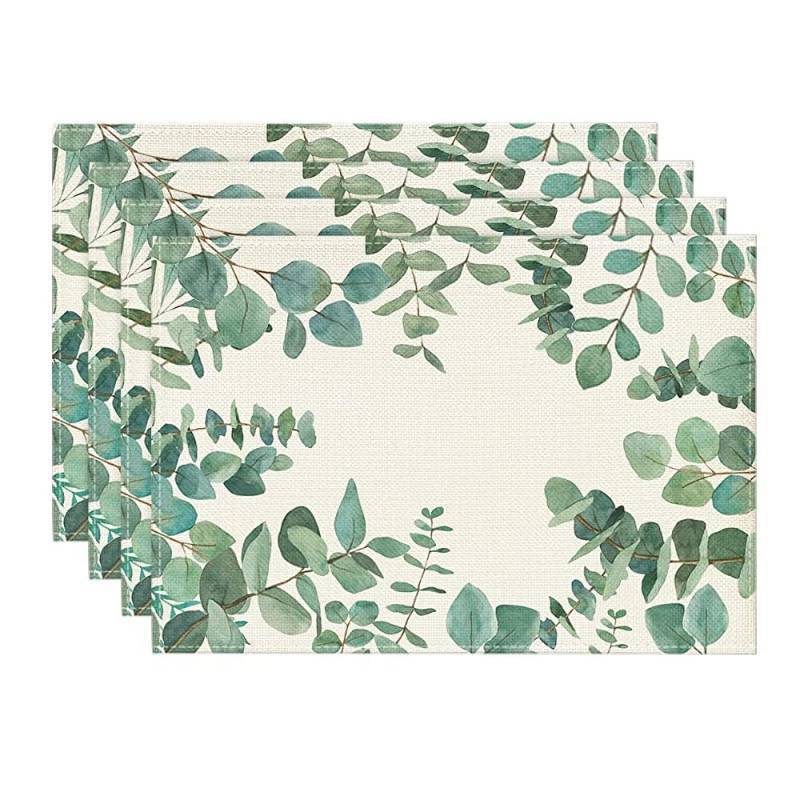 lot 17647 image: Eucalyptus Leaves Summer Placemats for Dining Table, 12 x 18 Inch Spring Seasonal Holiday Rustic Vintage Washable Table Mats Set of 4 Green - Retail $7