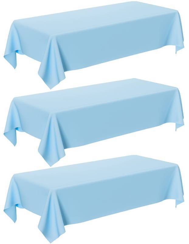 lot 17654 image: Light Blue Tablecloth - 3 Pack 54 � 108 Rectangle Disposable Light Blue Plastic Table Cloth, Waterproof Table Cover for Party, Holiday & Gathering Use - Retail $8