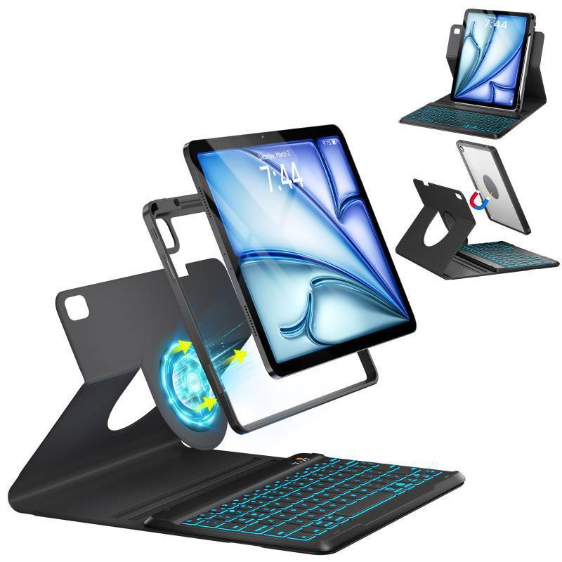lot 28093 image: Keyboard Case for iPad Air 5th4th Pro 11 inch, 7-Color Backlit Detachable Wireless Keyboard Case with Pencil Holder, 360° Rotatable, Stand Folio Cover for Gen 20202022, Pro 4th3rd2nd1st Gen - Retail $27