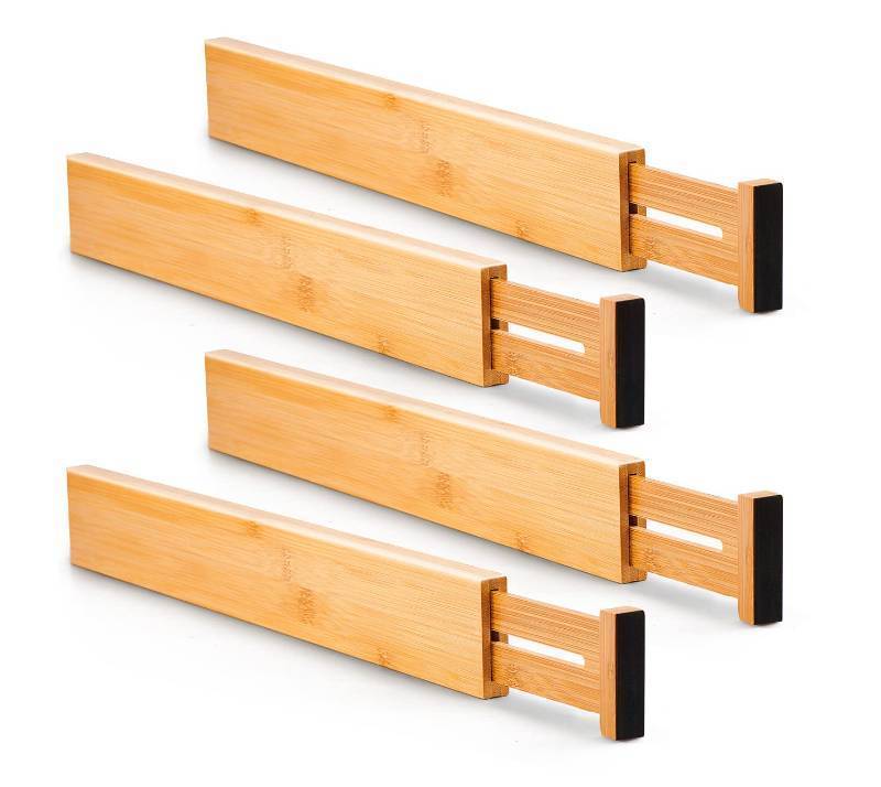 lot 28171 image: 4 pcs Bamboo Kitchen Drawer Dividers Large, Adjustable Drawer Organizers, Spring Loaded, Expandable Organization Works in Kitchen, Dresser, Bathroom, Bedroom, Drawer, Desk - Retail $31