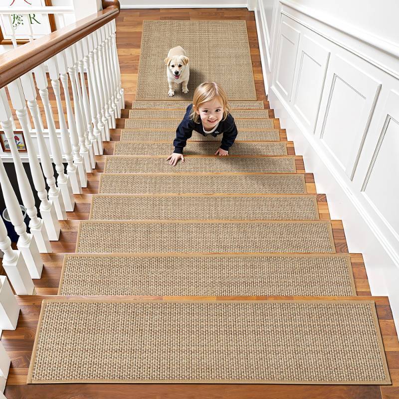 lot 38396 image: Stair Treads Non Slip 15pcs Stair Runner for Wooden Steps Rubber Backing Stairs Carpet Treads Indoor Staircase Covers Mat with Rubber Backing for Pets and Kids 8X30 Beige - Retail $76