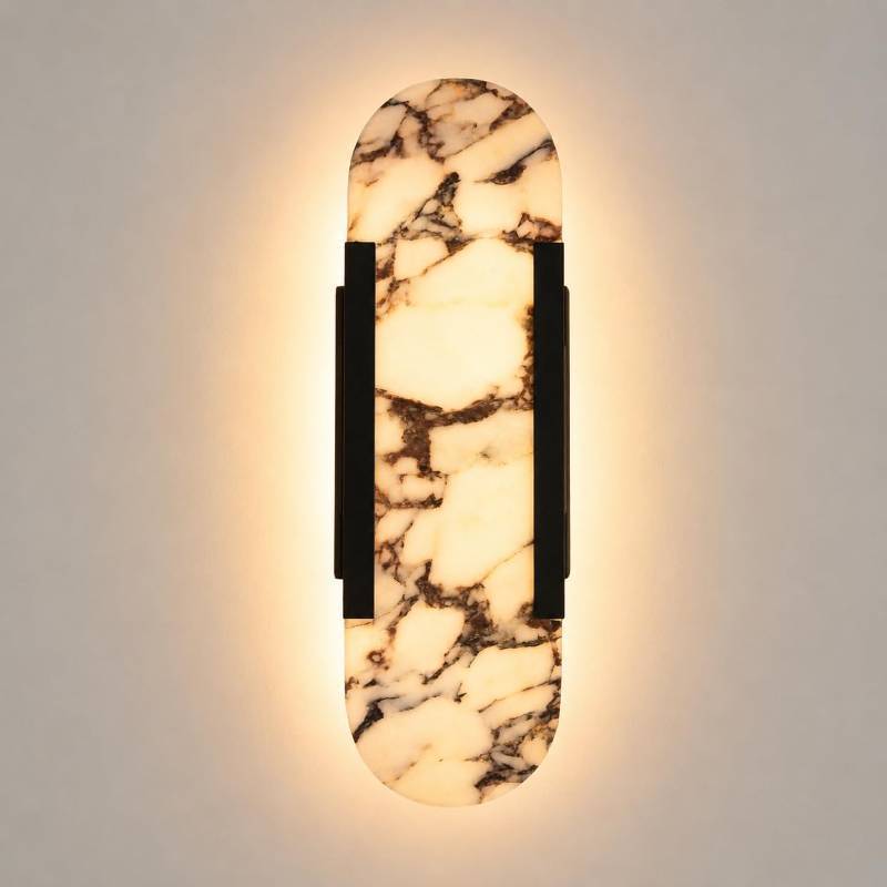 lot 38403 image: 13.8 Alabaster Wall Sconce Bedside Marble Wall Lamp Natural Stone Wall Lighting Fixture Modern Black Metal Wall Lights for Bedroom Living Room Hallway Stairs Kitchen (1 Pack) - Retail $109