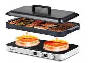 lot 8808 image: $160 AMZCHEF Double Induction Cooktop with Iron Cast Griddle Pan