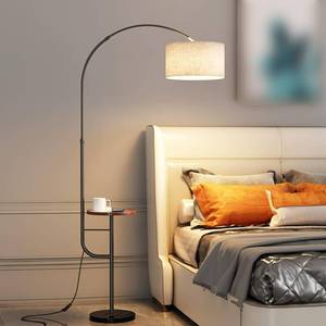 lot 8860 image: $200 Arc Floor Lamp with Tray, Adjustable Height, Linen Shade, Gold