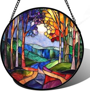 lot 8914 image: DASTOLL Stained Glass Window Hanging, Forest Tree Suncatcher 15 in
