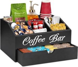 lot 8923 image: Coffee Bar Organizer, Wooden Countertop Accessories with Drawer
