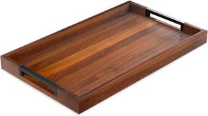 lot 8951 image: Acacia Wood Serving Tray with Handles, 16.5 x 12, 2 Silicone Mats