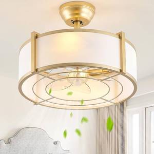 lot 8981 image: $115 SYDACG 20 Caged Ceiling Fan with Light, Gold Fandelier, Remote