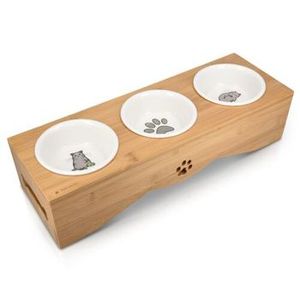 lot 8984 image: Navaris Cat Bowls with Stand - Elevated Triple Feeder Ceramic Set
