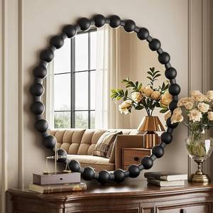 lot 9000 image: $50 Easly Round Wall Mirror 24-In Black Beaded Frame Vanity, HD Lens