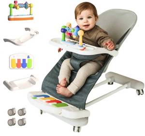 lot 9043 image: $110 Cuddo Baby Bouncer 4-in-1 with Tray, Play Bar, Wheels - Blue