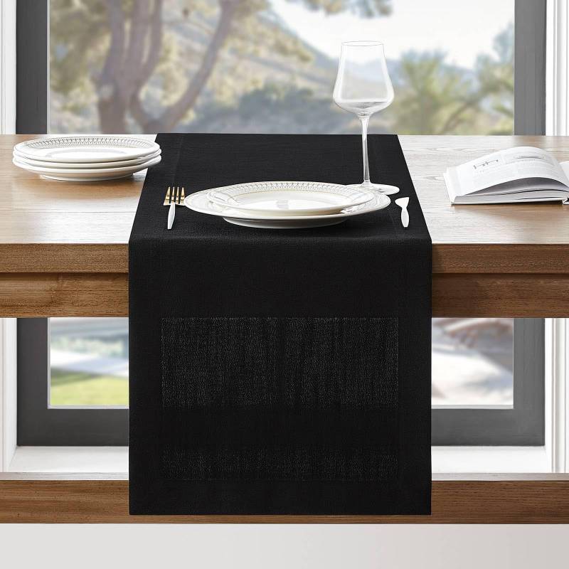 lot 2013 image: ZeeMart Linen Textured Border Table Runner, 14 x 48 Inch Black, Farmhouse Style Black Table Runners 48 Inches Long, Easy Care Everyday Polyester Table Runner Retail $11.99