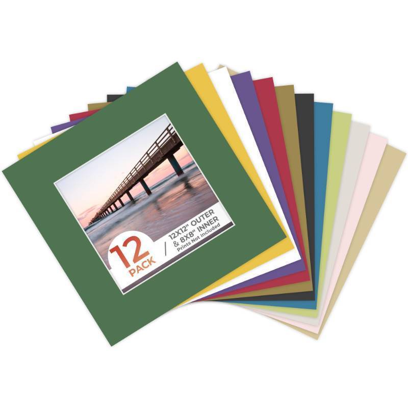 lot 2038 image: Frametory, 12X12 Mix Color Pre-Cut Picture Mats for 8X8 Photos, Prints, Artworks - White Core Bevel Cut 7.5X7.5 Openings Acid Free Frame Mattes 1.4Mm Thickness - Pack of 11 Retail $29.92