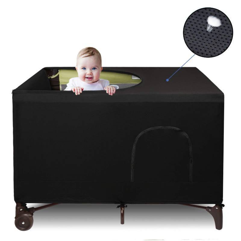 lot 2053 image: Dofilachy Blackout Cover for Pack N Play - Crib Blackout Cover Tent - Canopy Cover - Breathable Travel Crib Tent - Portable Stretchy Blackout Tent (Black) Retail $24.84