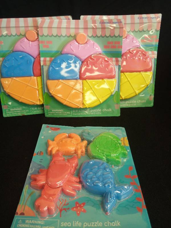 lot 2058 image: 4 Pack Kids Puzzle Chalk Set Bundle - Ice Cream and Sea Life Designs - Retail $12
