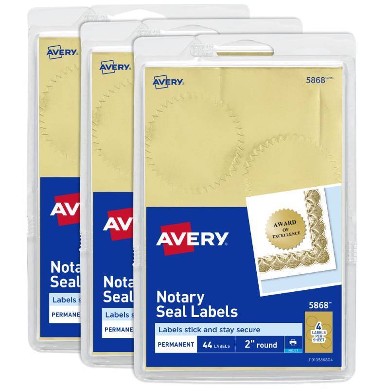 lot 2068 image: Avery Notary Seal Labels, 2 Diameter, Printable Gold Certificate Seals, Inkjet, 3-Pack, 132 Gold Seals Total (35868) - Retail $21