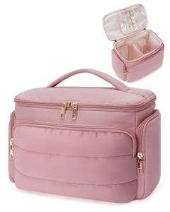 lot 2923 image: WANDF Travel Toiletry Bag for Women, Wide-open Large Makeup Bag with Handle, Puffy Makeup Organizer for Toiletries, Cosmetics, Accessories, Essentials (Dusty Pink) - Retail $20
