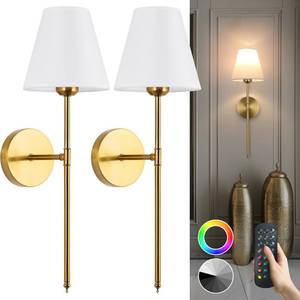 lot 2956 image: Battery Operated Wall Sconce Set of 2, 15 Colors Wireless Wall Light With Dimmable Remote Control Last 18-50 Hours, Gold Rechargeable Wall Lamp With White Fabric Shade For Living Room Bedroom Hallway - Retail $46