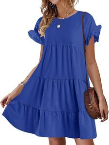 lot 3030 image: Chuanqi Womens Boho Floral Printed Ruffles Babydoll Loose Swing Casual Short Mini T-Shirt Dress Large - Retail $30