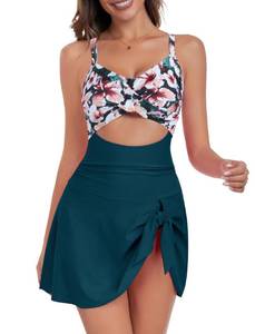 lot 3066 image: ZAFUL Women One Piece Swimsuit 1 Piece Bathing Suit Slimming Tummy Control Swim Dress Modest Swimwear Push Up Cut Out V Neck Swimdresses 2025 Trendy Cute Tie Knot Tankin Lake Green Small - Retail $15