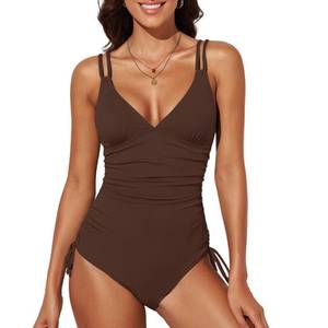 lot 3075 image: meioro Women Belly Swimwear V Neck Push Up Slimming Swimsuit for Women, High Waist Drawstring Swimwear Vintage Bathing Suit for Women, brown, L - Retail $0
