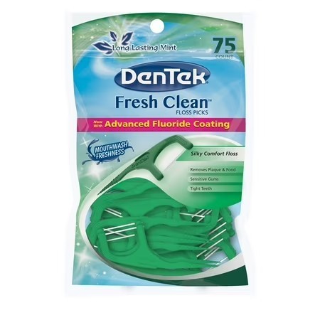 lot 65603 image: DenTek Fresh Clean Advanced Fluoride Coating Floss Picks, Long Lasting Mint, 75 Ct