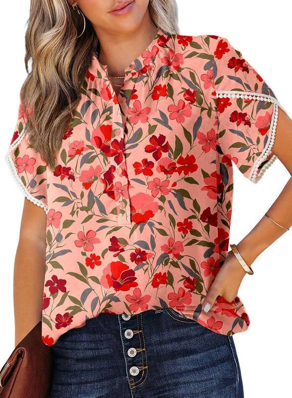 lot 65614 image: Dokotoo Womens Tops Summer Casual Boho Floral Print Short Sleeve Half Button Down V Neck Chiffon Blouses Shirts SMALL