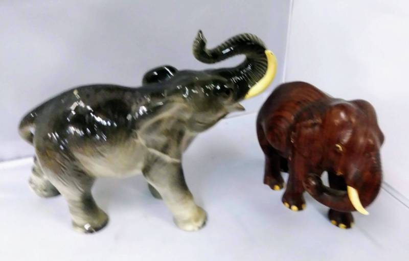 lot 151 image: 2 Exquisite Elephants  Wood & Ceramic