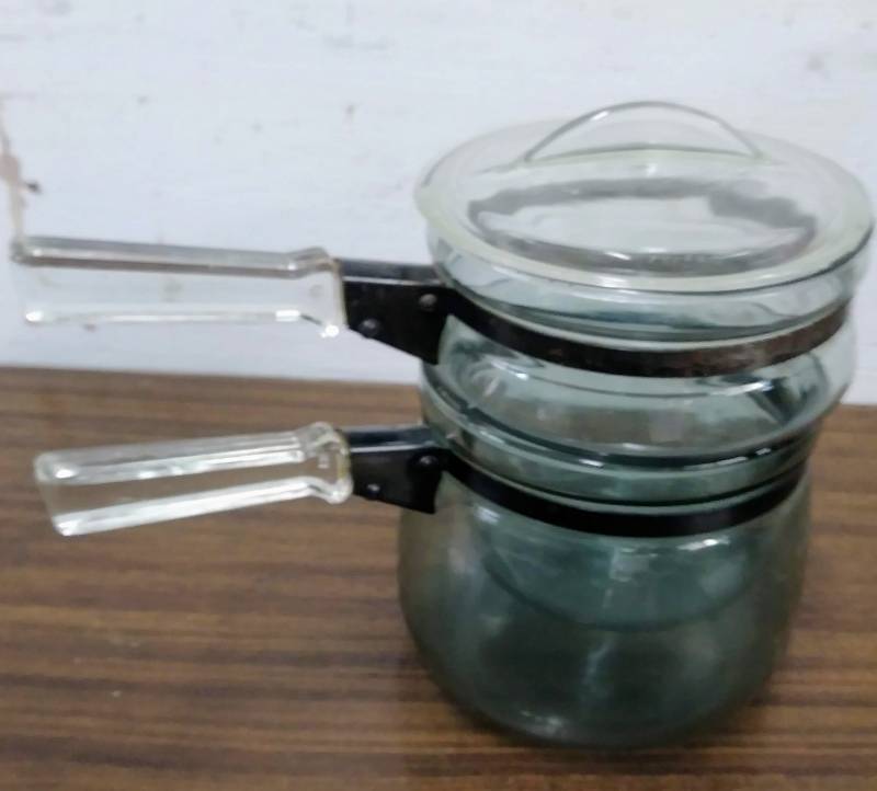 lot 159 image: 1960s Clear Glass Double Boiler Set - 2 pots and a Lid