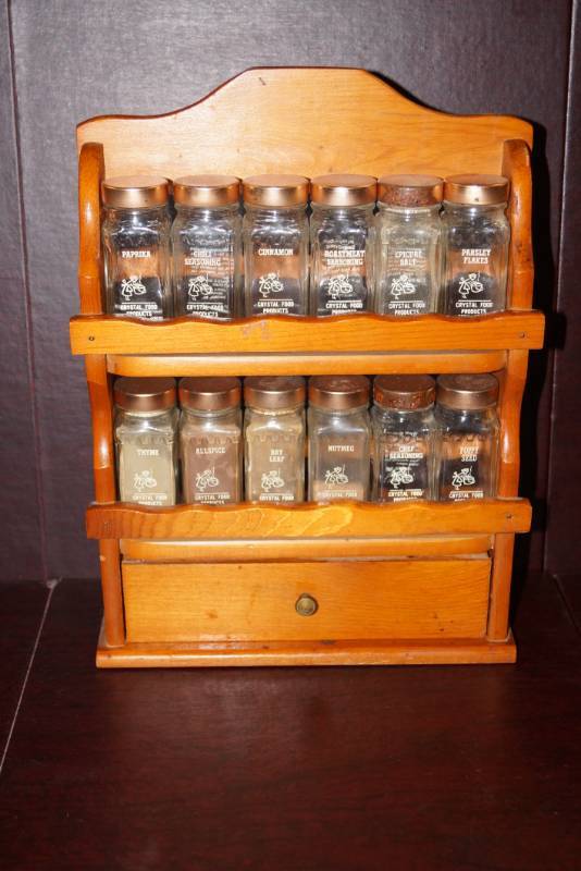 lot 215 image: Wood Spice Rack With Bottles- Hang- Country Kitchen