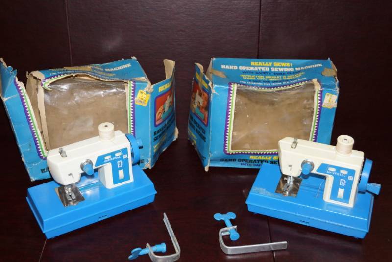 lot 270 image: 2 Kids Sewing Machines  Hand Operated w Table Clamp  Vintage