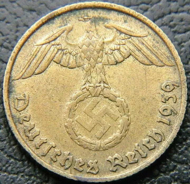 lot 337 image: WWII German 1939  Pfennig 3rd Reich Brass Nazi Coin