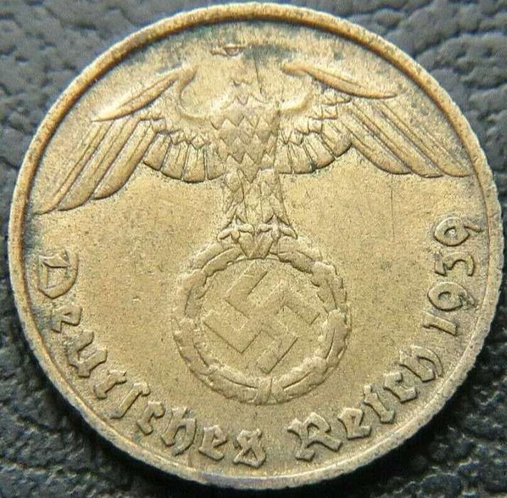 lot 333 image: WWII German 1939  Pfennig 3rd Reich Brass Nazi Coin