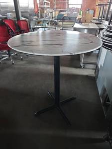 lot 21676 image: Round Pedestal Table with Marble-Look Top
