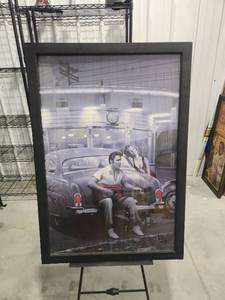 lot 2640 image: Framed Print Man with Guitar in Vintage Car Scene