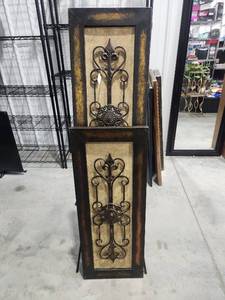 lot 2645 image: Framed Metal Ornamental Wall Art Panel with Stand 2-Piece Set