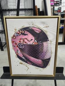 lot 2653 image: Framed Art Print Designer Helmet Pink Black Gold Accents
