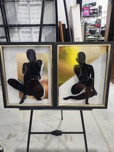 lot 2654 image: Pair of Framed Silhouette Figure Prints with Black Frames and Gold Trim
