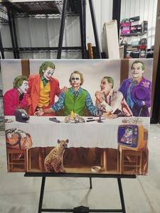 lot 2660 image: Canvas Art Print Five Joker Characters Sitting at Table with Hyena