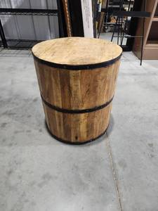 lot 2667 image: Wooden Barrel Table with Black Metal Bands