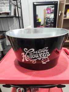 lot 2671 image: Happy Halloween Popcorn Bowl Black Red Metal