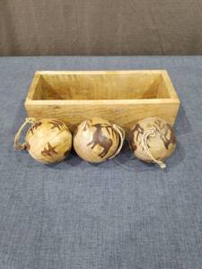 lot 2779 image: 3 Wooden Ornaments with Animal Pyrography in Wood Box