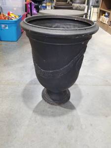 lot 2843 image: Black Urn Planter with Pedestal Base and Decorative Relief Plastic