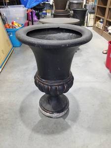 lot 2844 image: Black Pedestal Urn Planter with Decorative Base Damage See Pictures