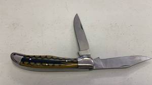 lot 6 image: Large Folding Pocket Knife Two-Blade Yellow Black Bone Handle - 9.5 inches when open