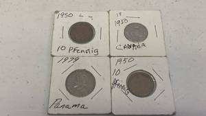 lot 42 image: Lot of 4 Foreign Coins (2) 1950 10 Pfennig, 1950 5 cents Canada, 1979 Panama Coin
